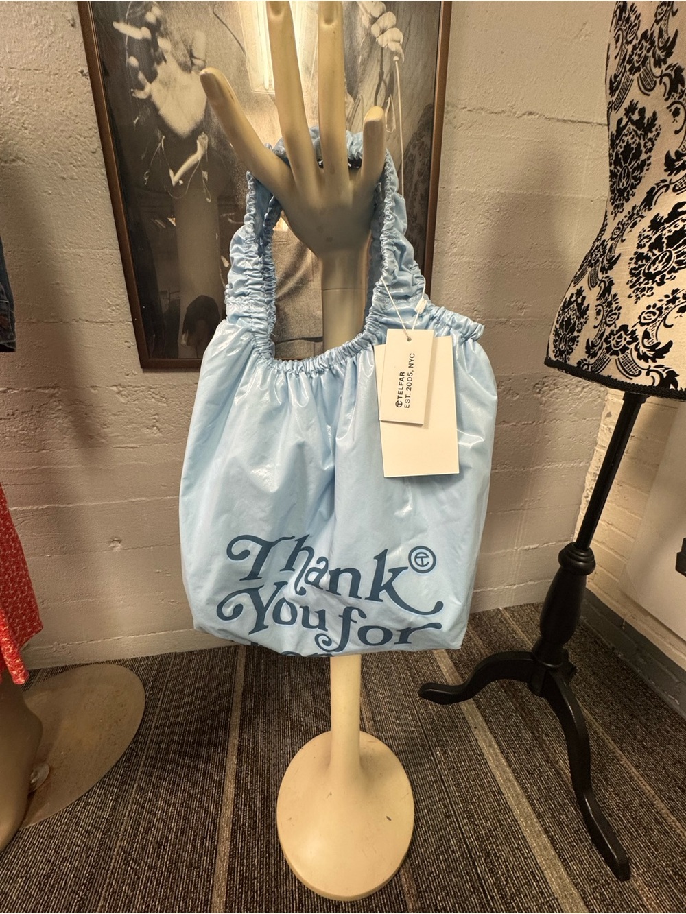Telfar Light Blue 'Thank You For Shopping” Ruched Handle Tote